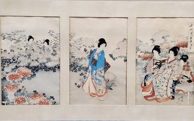Toyohara Chikanobu Old to Antique Japanese Woodblock Print Woman Triptych