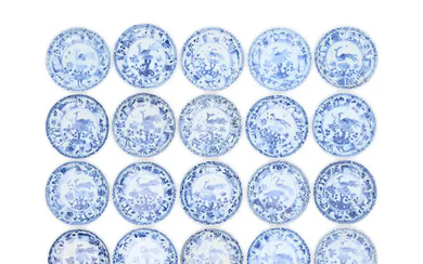 Twenty Chinese blue and white 'peacock' saucer dishes excavated from the Ca...