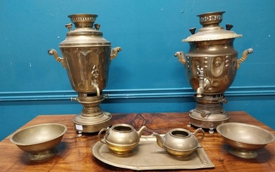 Two 19th C. brass samovars, two bowls, two teapots and tray....