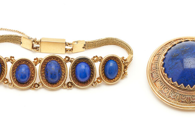 Two 22K Gold & Lapis Victorian Etruscan Pieces, Bracelet and Pendant, attrib. Castellani