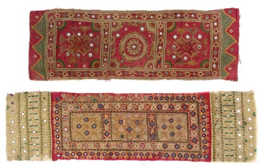 Two Indian cotton and embroidered silk table runners, early 20th century.