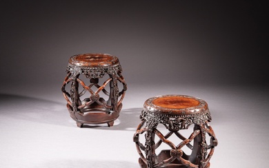 Two ‘hongmu’ ‘prunus’ barrel-shaped stools, Qing dynasty, 19th century | 清十九世紀 紅木梅花紋坐墩一組兩件