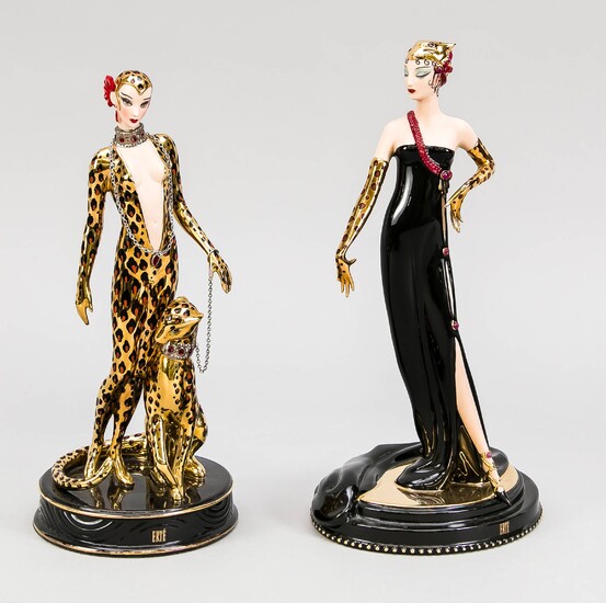 Two ladies figures, Franklin Mint, House of Erté, 1990s, lim. Edition, Leopard woman, No. M 1924, H. 23 cm, Untamed beauty, No. A 1720, 1 finger dam., Painted in black and gold, set with stones, H. 25 cm