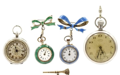 Two silver pocket watches, two silver and enamel pendant wat...