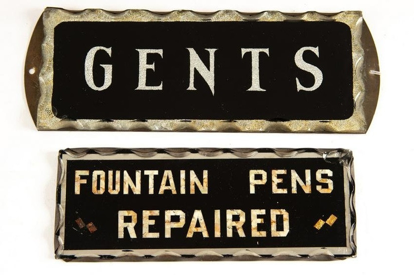 Two vintage Chipped Glass Signs, reverse painted, one advertising "Fountain Pens Repaired", 7" W x 2