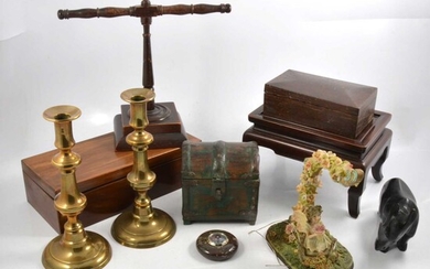 Two wooden boxes, a pair of brass candlesticks, jewellery stand, Chinese style dish stand.