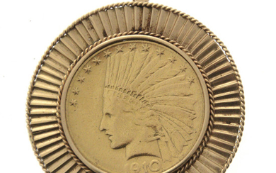 USA 10 Dollars Indian Head Gold Coin Brooch Pendant, 1910.