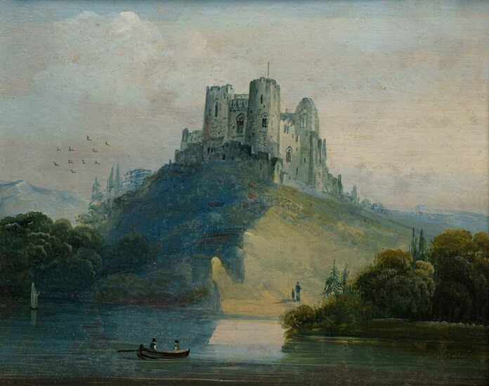Unknown 19th century painter "Cilgerran Castle in Wales", oil/cardboard, inscribed on verso, adhesive label, magnificent frame (small defects), 13,5x18,5cm (w.f. 24,5x28cm)