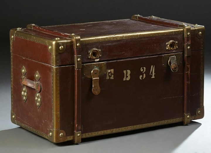 Unusual French Brass and Mahogany Steamer Trunk, early