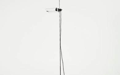 VICO MAGISTRETTI. floor lamp, “DIM”, Oluce, Italy, circa 1980's, white lacquered screen and foot, chromed metal, an adjustable light point.