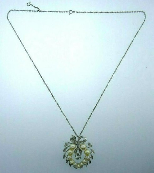 VINTAGE 14k White Gold, Pearl & Diamond Necklace Circa