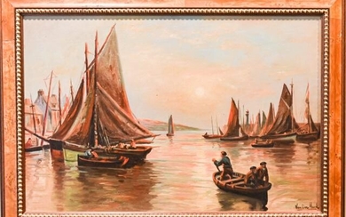 Van Dor Hurk Oil Waterscape Painting of Fishermen