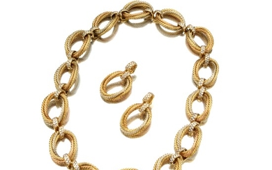 Véronique Cartier Three-Color Gold and Diamond Necklace-Bracelet Combination and Pair of Earclips