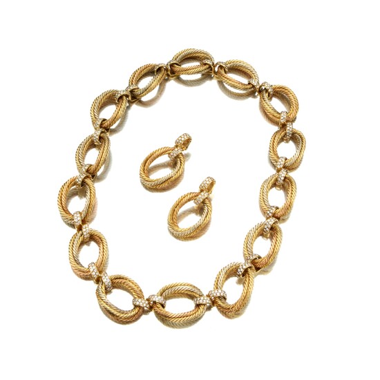 Véronique Cartier Three-Color Gold and Diamond Necklace-Bracelet Combination and Pair of Earclips