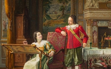Victor Marais-Milton (1872-1948), a happy couple in a 17thC interior, oil on canvas, 50 x 61 cm