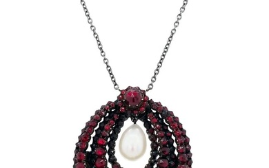 Victorian Garnet and Pearl Sterling Silver Necklace