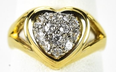 Vintage 14k Yellow Gold Heart Ring W Pave Diamonds