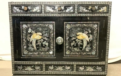 Vntg Asian Lacquered Chest W Mother Of Pearl