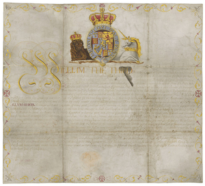 WILLIAM III (1650-1702), King of England, Scotland and Ireland, prince of Orange. Document signed (at foot, 'William R'), illuminated letters patent appointing John Pitt as minister and consul general on the Coromandel Coast (SE India), Kensington...