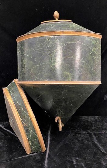 Wall fountain in painted sheet metal imitating marble with white veins in the Louis XVI style, lid with a socket featuring a pine cone.