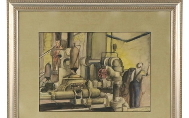 Watercolor Painting of Industrial Work Scene