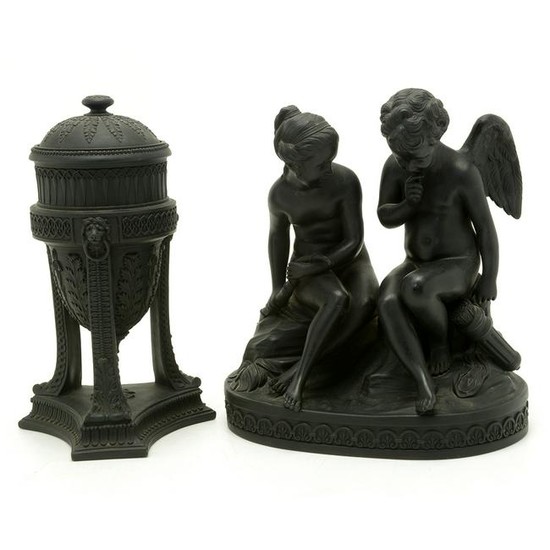 Wedgwood Pottery Basalt Casolette and Figural Group.