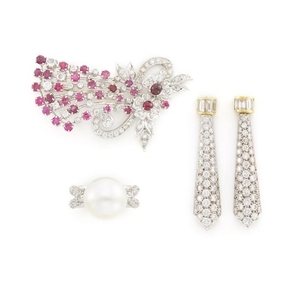 White Gold, South Sea Cultured Pearl and Diamond Ring, Diamond and Ruby Flower Brooch and Pair of Two-Color Gold and Diamond Pendant-Earrings