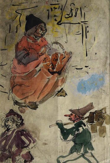 William D. Clyne, Scottish 1922–1981- Study of a seated woman, and other figures; pen, black ink, watercolour, and gouache on paper, 34.4 x 24.5 cm. (unframed/mounted) (ARR)