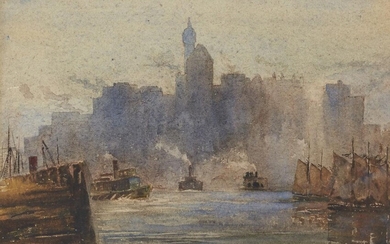 William Monk, British 1863-1937 - Harbour Scene, New York, 1912; watercolour on paper, 26.2 x 35.8 cm Provenance: with James Huntington-Whitely, London (according to the label affixed to the reverse of the frame); private collection