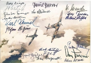 World War Two rare 5x7 colour photo signed by 17, Luftwaffe Fighter Pilots BF109S Dual of the Eagles signatures include Rolf...