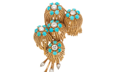 YELLOW GOLD, TURQUOISE AND DIAMOND BROOCH