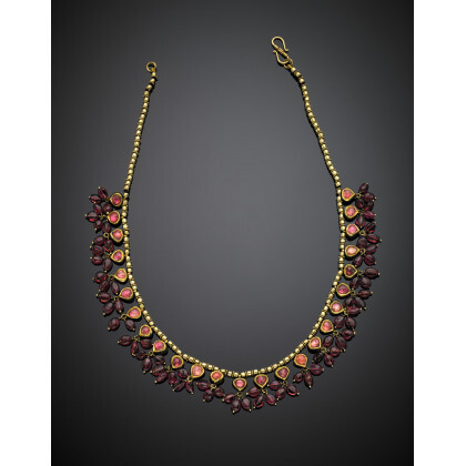 Yellow gold necklace with pink back-foiled cabochon stones and pendant spinel beads, enamels accenting, g 44.20 circa, length cm 41…Read more