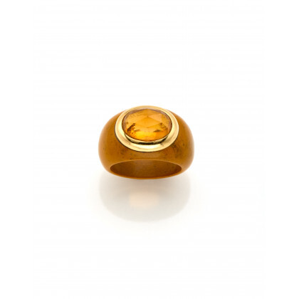 Yellow jasper and citrine quartz ring with yellow gold details, g 8.30 circa size 17/57.