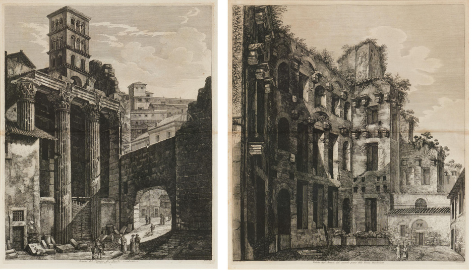 Zwei Kupferstiche mit Ansichten aus Rom: Thermen des Diocletian sowie Marstempel