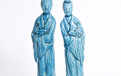 a pair of antique, Chinese. late Qing dyn., blue and purple glaze young maidens