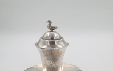 Exquisite engraved silver Kiddush cup, saucer and lid. Iraq