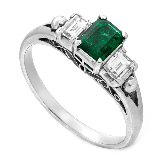 0.78 tcw Emerald Ring Platinum - Ring - 0.40 ct Emerald - 0.38 ct Diamonds - No Reserve Price