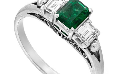 0.78 tcw Emerald Ring Platinum - Ring - 0.40 ct Emerald - 0.38 ct Diamonds - No Reserve Price