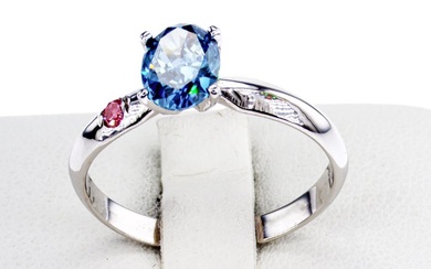 0.95 Ct Fancy Vivid Blue Oval Diamond Ring - 14 kt. White gold - Ring - Colour Treated 0.95 ct Diamond - Diamonds