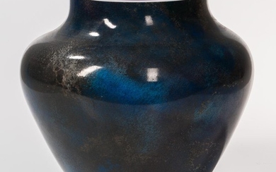 Blue Orb Art Glass Vase, 2002, illegible signature, ht. 12, mouth dia. 6 in.