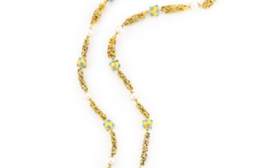 Gold, Turquoise and Cultured Pearl Chain Necklace
