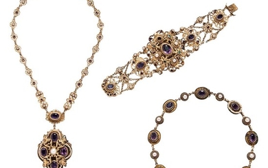 Suite of Renaissance Revival Gilt-silver Jewelry, a necklace, pendant, and bracelet set with purple foil-back stones, split pearl accen