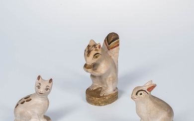 Three Chalkware Figures, America, 19th century, a squirrel, a rabbit, and a cat, with painted details, ht. to 6 1/2 in.