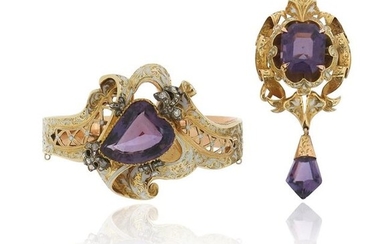 A Victorian white enamel and amethyst-set gold bangle,...