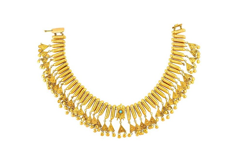 A fringe necklace and earring suite Composed of a...