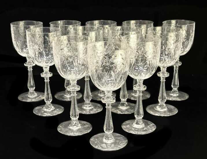 12 Cut Glass Water Goblets - Etched Leaves and Flowers