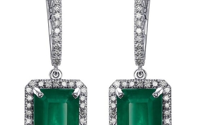 12.77 Carat Emerald and 0.60 Ct Diamonds - 18 kt. White gold - Earrings - NO RESERVE