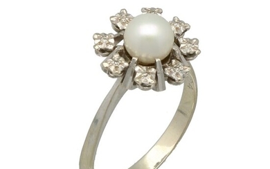 14 kt. Freshwater pearl, White gold - Ring Diamond