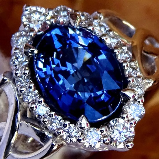 14 kt. White gold - Ring Sapphire - Ceylon Blue - Diamonds - No Reserve