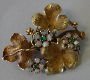 14K Gold, Emerald & Opal Leaf Formed Brooch